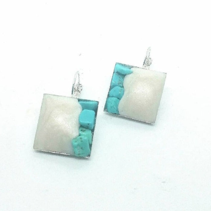 Doodlewrap Designs Square Turquoise and pearl clay earrings - Earrings - British D'sire