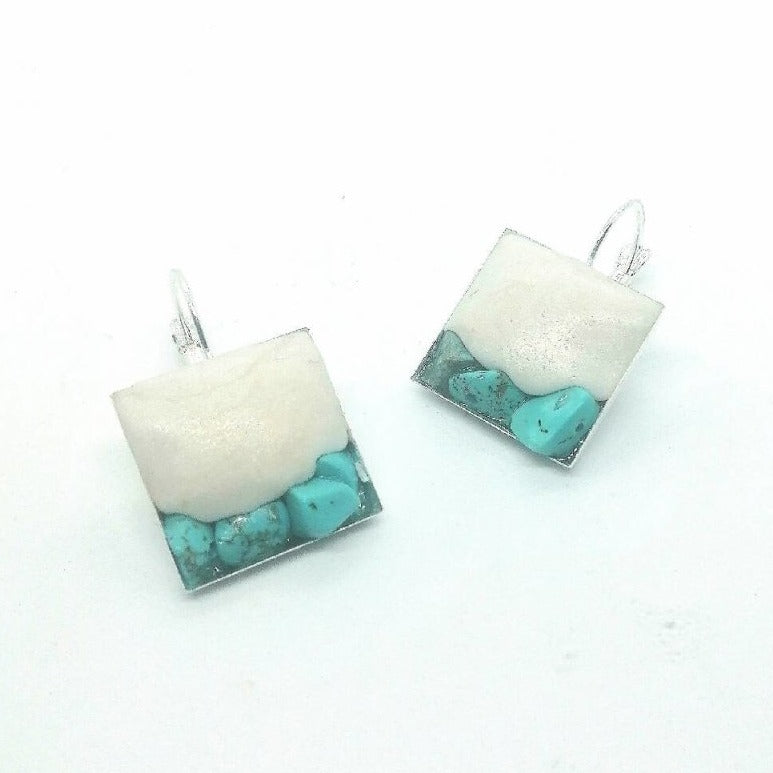 Doodlewrap Designs Square Turquoise and pearl clay earrings - Earrings - British D'sire