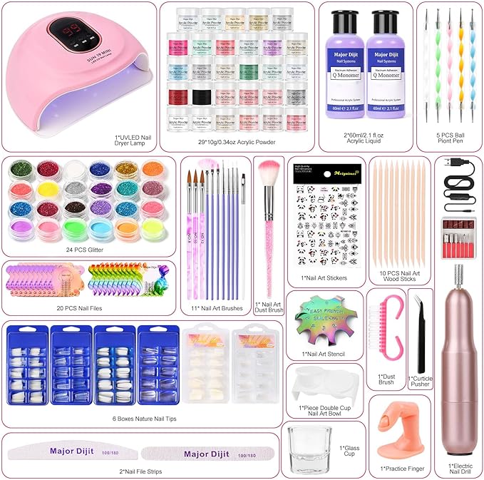DouborQ Acrylic Nail Kit with Electric Nail Drill Nail Lamp,U V Nail Dryer Light Manicure Pen ,29 Color Acrylic Powder Starter Set Acrylic Nail Art Supplies for Beginner with Everything - British D'sire