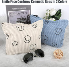 EEEKit 2 Pack Corduroy Smile Face Makeup Bag, Corduroy Travel Cosmetic Bags, Corduroy Toiletry Bag, Small Makeup Bag for Handbag Preppy Skincare Bag for Women Girl (Blue & Creamy White) - British D'sire