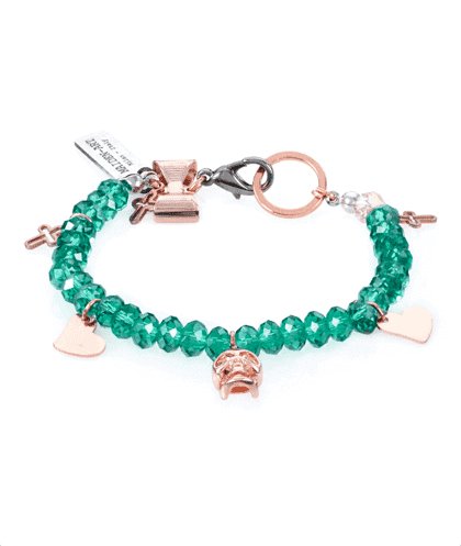 Emerald Green Crystals and Rose Gold Skull, Heart Charms Bracelet - Bracelets - British D'sire