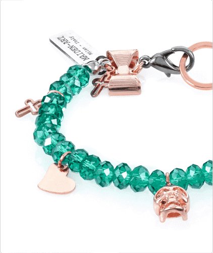 Emerald Green Crystals and Rose Gold Skull, Heart Charms Bracelet - Bracelets - British D'sire
