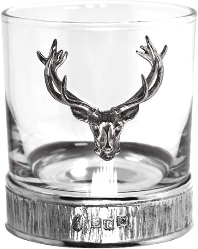 English Pewter Company Double Whiskey Glass Tumbler Set with Pewter Majestic Stag Head and Base [STAG204] - British D'sire