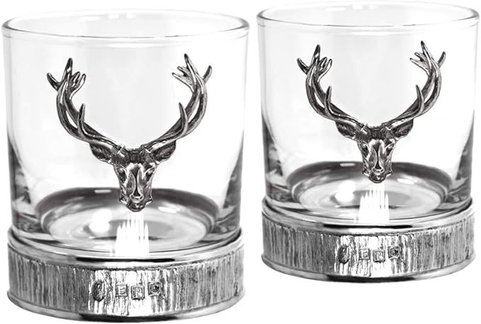 English Pewter Company Double Whiskey Glass Tumbler Set with Pewter Majestic Stag Head and Base [STAG204] - British D'sire