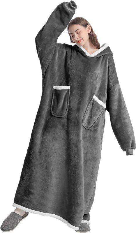 Extra Long Hoodie Blanket, Oversized Sherpa Hoodie Blanket for Women and Men, Wearable Blanket Hoodie with Sleeves and Giant Pocket - British D'sire