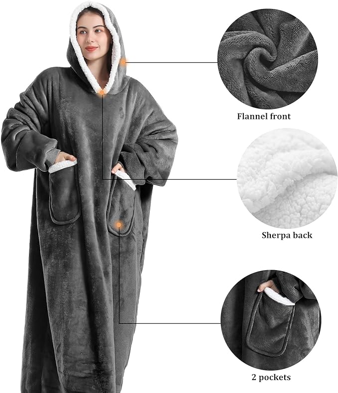 Extra Long Hoodie Blanket, Oversized Sherpa Hoodie Blanket for Women and Men, Wearable Blanket Hoodie with Sleeves and Giant Pocket - British D'sire