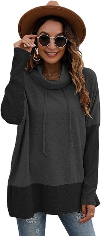 Famulily Cowl Neck Womens Color Block Long Sleeve Hoodies Oversized Sweatshirt Pullover Top With Drawstring - British D'sire