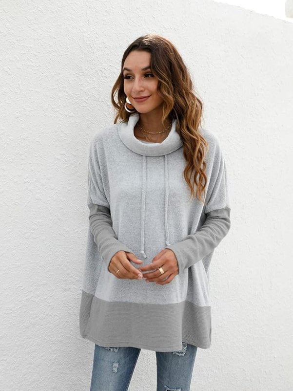 Famulily Cowl Neck Womens Color Block Long Sleeve Hoodies Oversized Sweatshirt Pullover Top With Drawstring - British D'sire