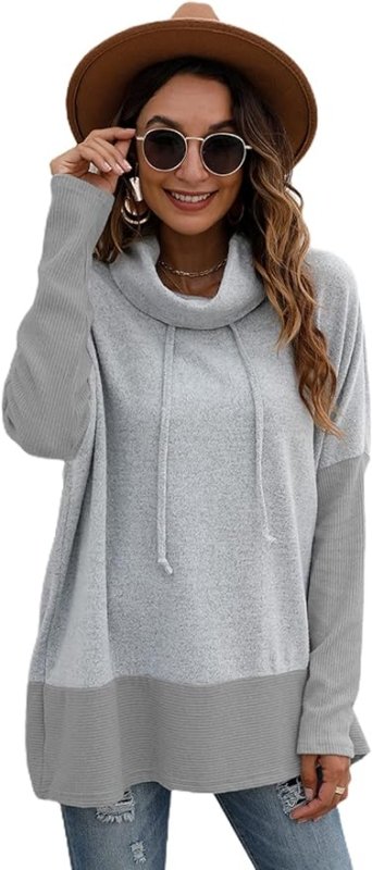 Famulily Cowl Neck Womens Color Block Long Sleeve Hoodies Oversized Sweatshirt Pullover Top With Drawstring - British D'sire