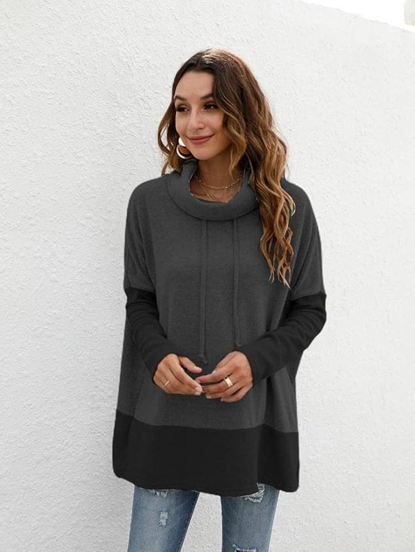 Famulily Cowl Neck Womens Color Block Long Sleeve Hoodies Oversized Sweatshirt Pullover Top With Drawstring - British D'sire
