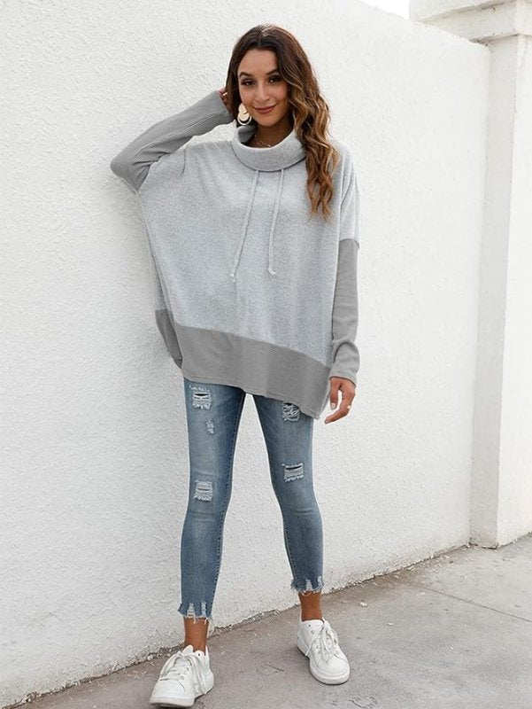 Famulily Cowl Neck Womens Color Block Long Sleeve Hoodies Oversized Sweatshirt Pullover Top With Drawstring - British D'sire