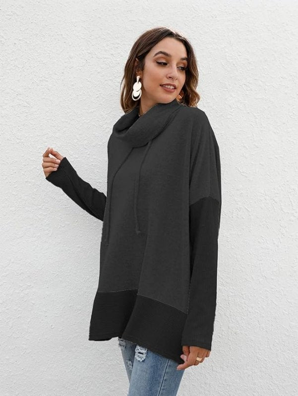 Famulily Cowl Neck Womens Color Block Long Sleeve Hoodies Oversized Sweatshirt Pullover Top With Drawstring - British D'sire