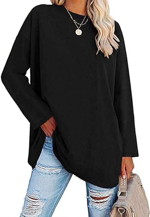 Famulily Women's Basic Long Sleeve Cotton T Shirts Simple Solid Color Comfy V Neck Loose Baggy Tunic Tee Shirts Tops - Women's Top - British D'sire Main image