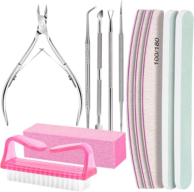 FANDAMEI 12 Pcs Nail Files Set, Nail Buffer Blocks with Cuticle Remover- Cuticle Nippers Cuticle Pusher, Nail File and Buffer Set for Manicure & Pedicure Tools, 100/180 Nail Files for Natural Nails - British D'sire