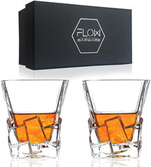 FLOW Barware Iceberg Whiskey Glasses Set of 2, Whisky Glass Gift Set with Unique Design & Heavy Base | Whiskey Tumblers for Scotch Bourbon Gin & Vodka - British D'sire
