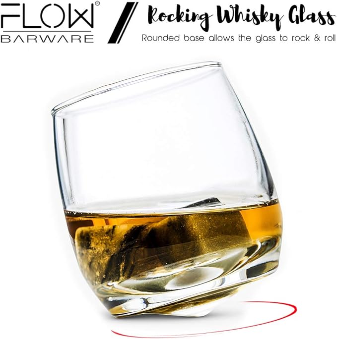 FLOW Barware Rocking Whiskey Glass | Whiskey Gift Set with Whiskey Glass & Non Diluting Whiskey Stones | Whisky Glass with Whisky Stones Gifts for Men Birthday, Father's Day, Christmas - British D'sire