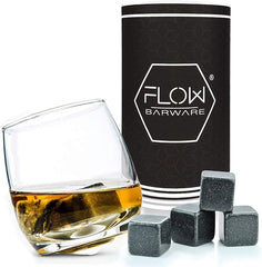 FLOW Barware Rocking Whiskey Glass | Whiskey Gift Set with Whiskey Glass & Non Diluting Whiskey Stones | Whisky Glass with Whisky Stones Gifts for Men Birthday, Father's Day, Christmas - British D'sire