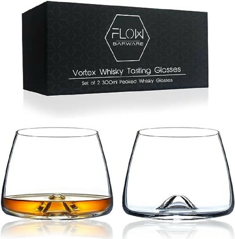 FLOW Barware Vortex Whiskey Tasting Glass Set of 2 Handblown Snifter Crystal Whisky Glasses | Unique Swirl Design Whisky Nosing Glass for Scotch - Glasswares & Drinkwares - British D'sire
