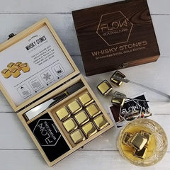 FLOW Barware Whisky Stones Gift Set | 9 Stainless Steel Whisky Stones | Whiskey Stone Gift for Dad | Whiskey Stone Gift Set with Wooden Box | Whiskey Stone with Storage Pouch - British D'sire