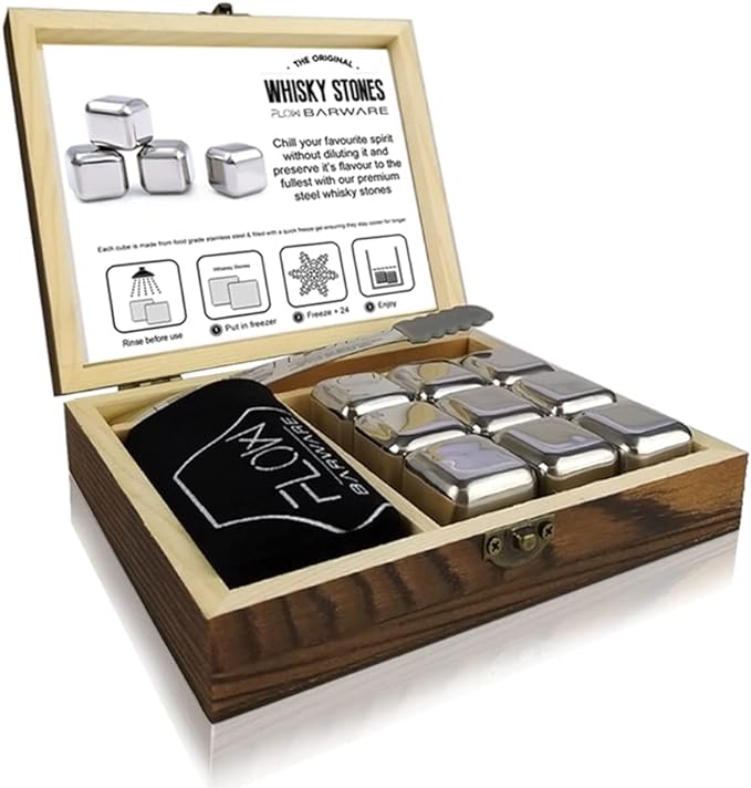 FLOW Barware Whisky Stones Gift Set | 9 Stainless Steel Whisky Stones | Whiskey Stone Gift for Dad | Whiskey Stone Gift Set with Wooden Box | Whiskey Stone with Storage Pouch - British D'sire