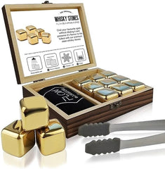 FLOW Barware Whisky Stones Gift Set | 9 Stainless Steel Whisky Stones | Whiskey Stone Gift for Dad | Whiskey Stone Gift Set with Wooden Box | Whiskey Stone with Storage Pouch - British D'sire