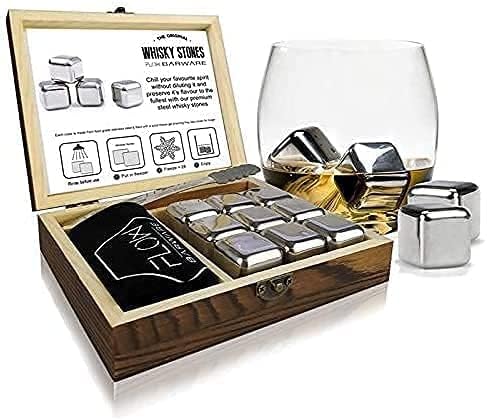 FLOW Barware Whisky Stones Gift Set | 9 Stainless Steel Whisky Stones | Whiskey Stone Gift for Dad | Whiskey Stone Gift Set with Wooden Box | Whiskey Stone with Storage Pouch - British D'sire