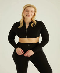 Form & Grace Contrast Zip Front Longsleeve Cropped Jacket Black - Women's Jacket - British D'sire