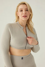 Form & Grace Contrast Zip Front Longsleeve Cropped Jacket Dove Grey - Women's Jacket - British D'sire