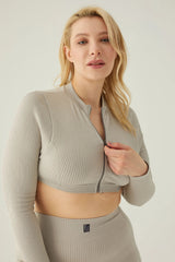 Form & Grace Contrast Zip Front Longsleeve Cropped Jacket Dove Grey - Women's Jacket - British D'sire