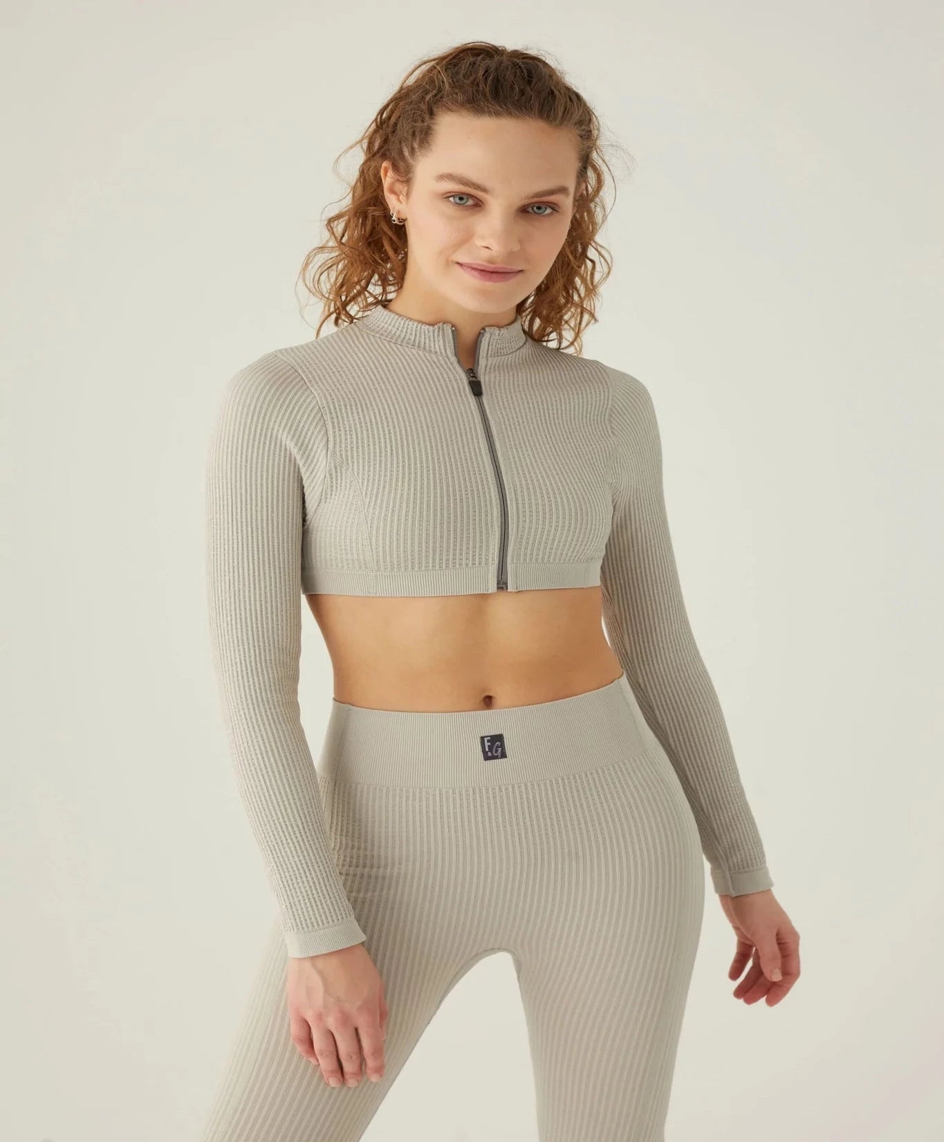 Form & Grace Contrast Zip Front Longsleeve Cropped Jacket Dove Grey - Women's Jacket - British D'sire