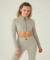 Form & Grace Contrast Zip Front Longsleeve Cropped Jacket Dove Grey - Women's Jacket - British D'sire