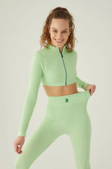 Form & Grace Contrast Zip Front Longsleeve Cropped Jacket Pistachio - Women's Jacket - British D'sire