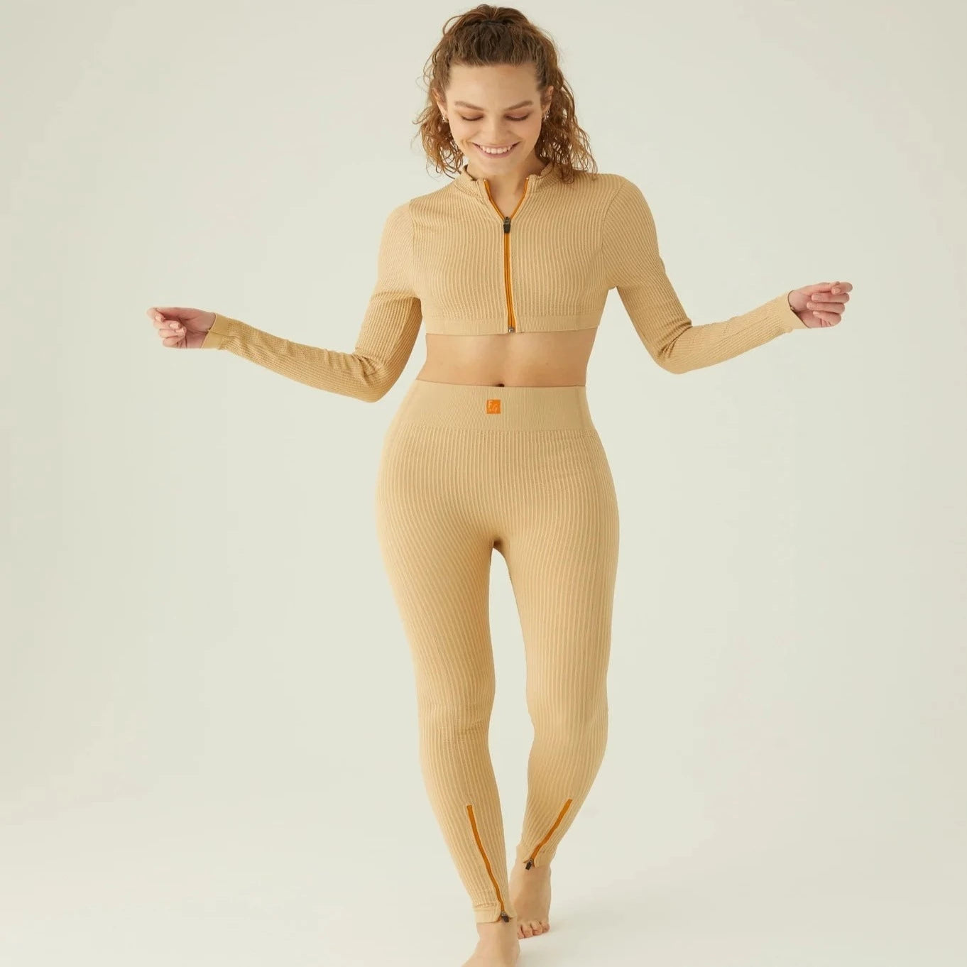 Form & Grace Seamless Ribbed Leggings With Contrast Zip Latte Secondary image