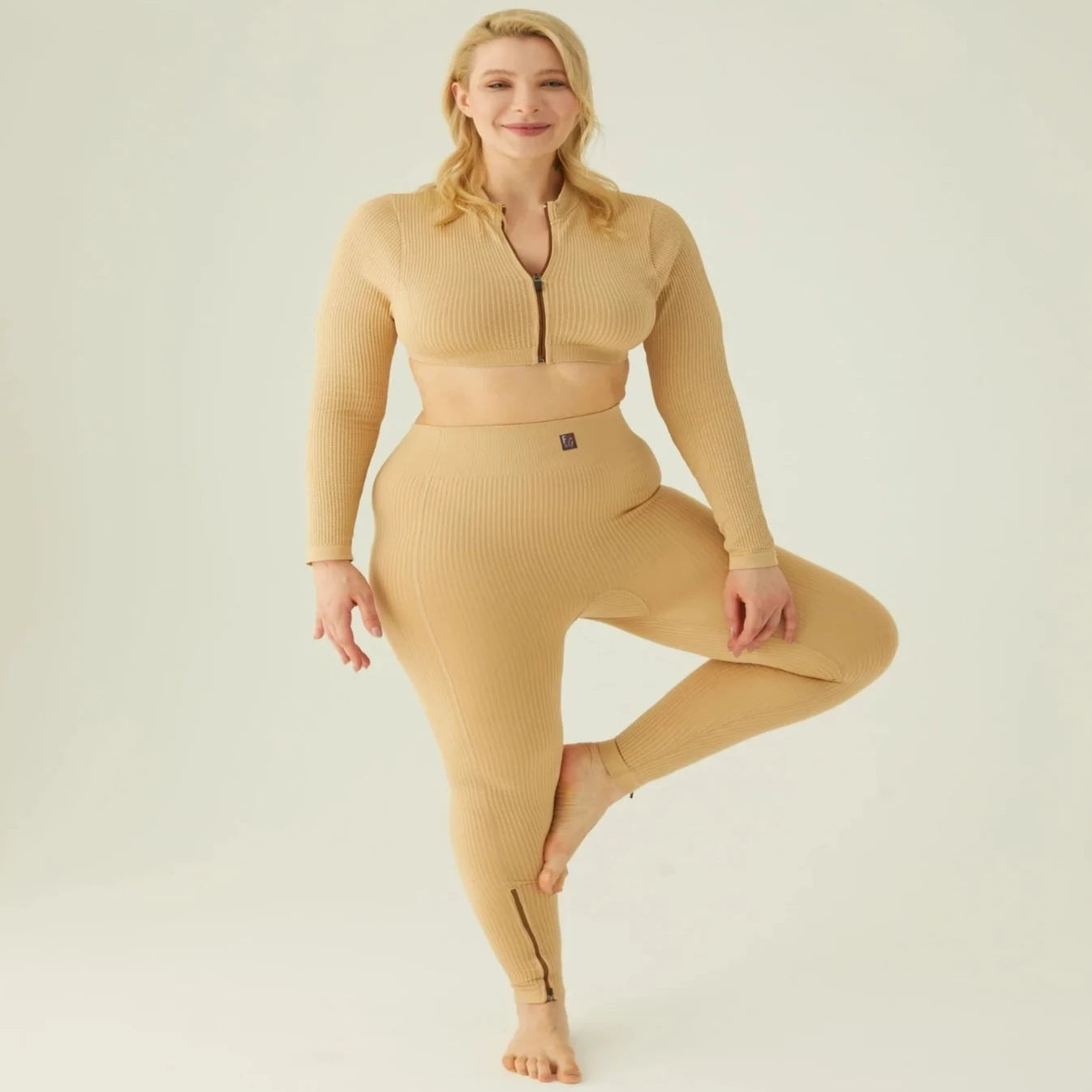 Form & Grace Seamless Ribbed Leggings With Contrast Zip Latte - Gym Leggings - British D'sire Main image