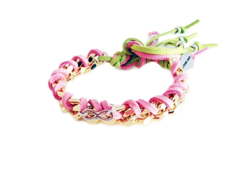 Friendship bracelet with gold chains, colorful suede ribbons and infinity charms. - Bracelets - British D'sire