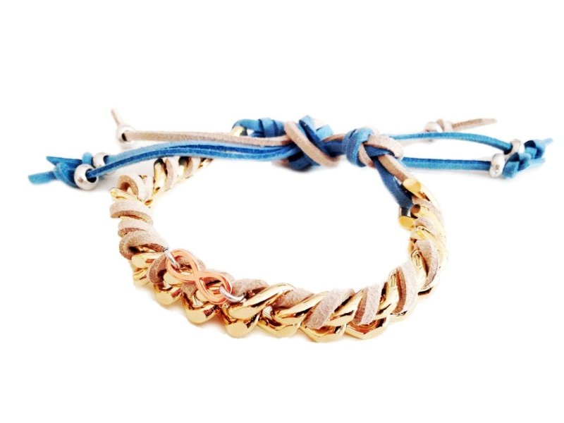 Friendship bracelet with gold chains, colorful suede ribbons and infinity charms. - Bracelets - British D'sire