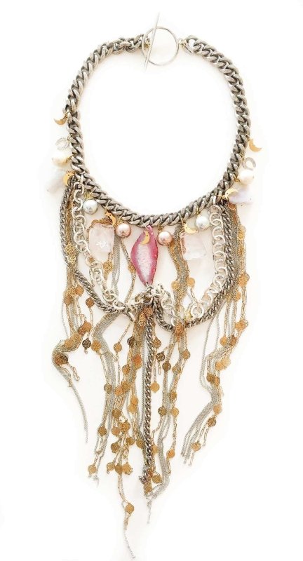 Fringe necklace with pink agate, rose quartz, calcedony, pearls and charms. Perfect for parties, summer time and gift for her. - Necklace - British D'sire