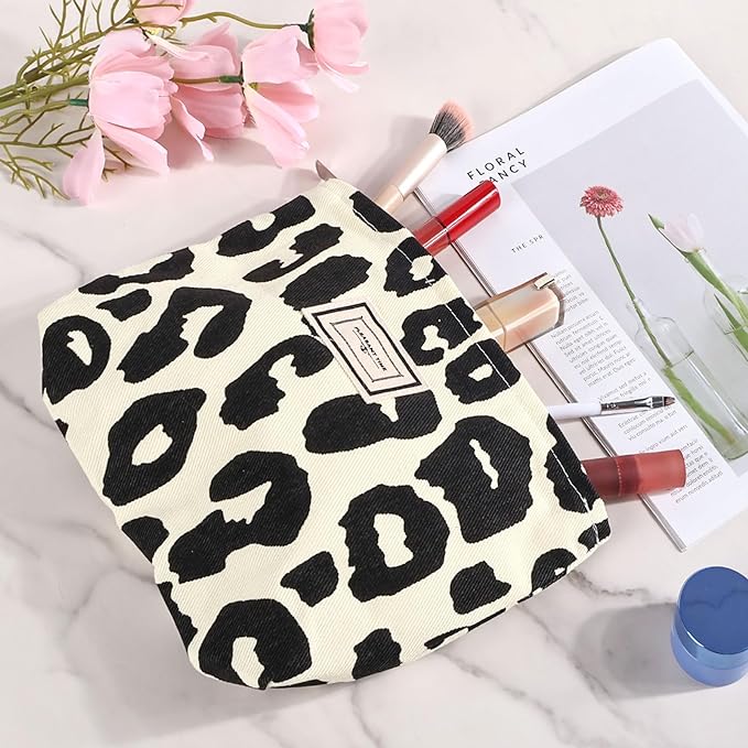 Fycyko Makeup Bag Cute Leopard Printing Canvas Toiletry Bag Travel Makeup Pouch Organiser Cosmetic Bag for Women Girls-Pink - British D'sire