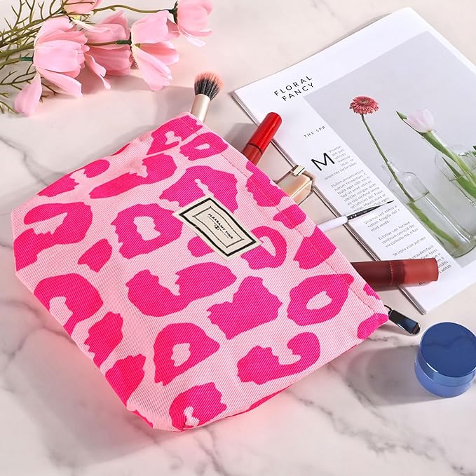 Fycyko Makeup Bag Cute Leopard Printing Canvas Toiletry Bag Travel Makeup Pouch Organiser Cosmetic Bag for Women Girls-Pink - British D'sire Main image