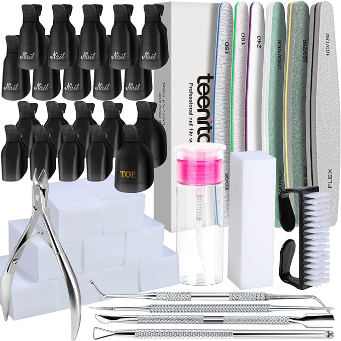 Gel Nail Polish Remover Kit, Teenitor Nail File and Buffer Set with Nail Remover Wraps Cuticle Nippers Cuticle Pusher Cuticle Peeler Toenail Lifter, Soak off Nail Clip Set for Toe Manicure, Black - British D'sire