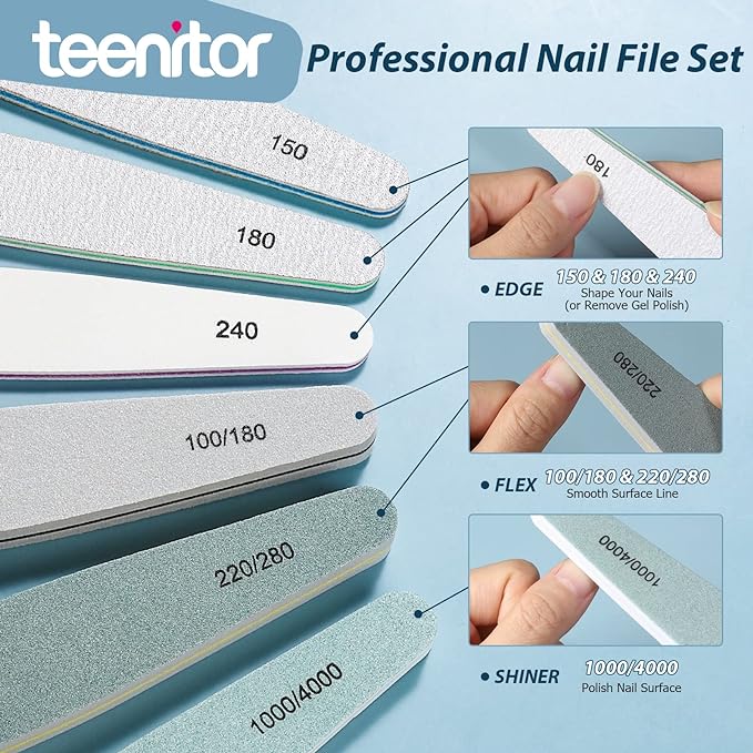 Gel Nail Polish Remover Kit, Teenitor Nail File and Buffer Set with Nail Remover Wraps Cuticle Nippers Cuticle Pusher Cuticle Peeler Toenail Lifter, Soak off Nail Clip Set for Toe Manicure, Black - British D'sire