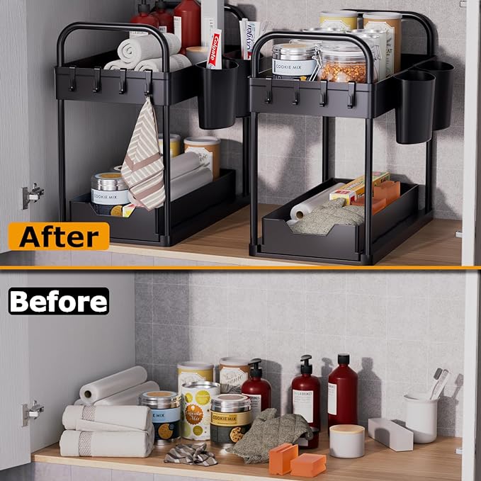 GEMWON Under Sink Storage Kitchen Organiser, 2 Tier Sliding Kitchen Storage Under Sink shelf, Multi-Purpose Organisation for Kitchen Bathroom, Bottom Slide Out Basket Black - British D'sire Main image