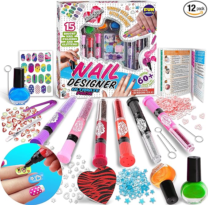 Girls Nail Polish Kit for Kids Ages 8-12, FunKidz Nail Polish Pens Combo Kit Peelable Nail Art Set with 3D Nail Decoration Accessories - British D'sire
