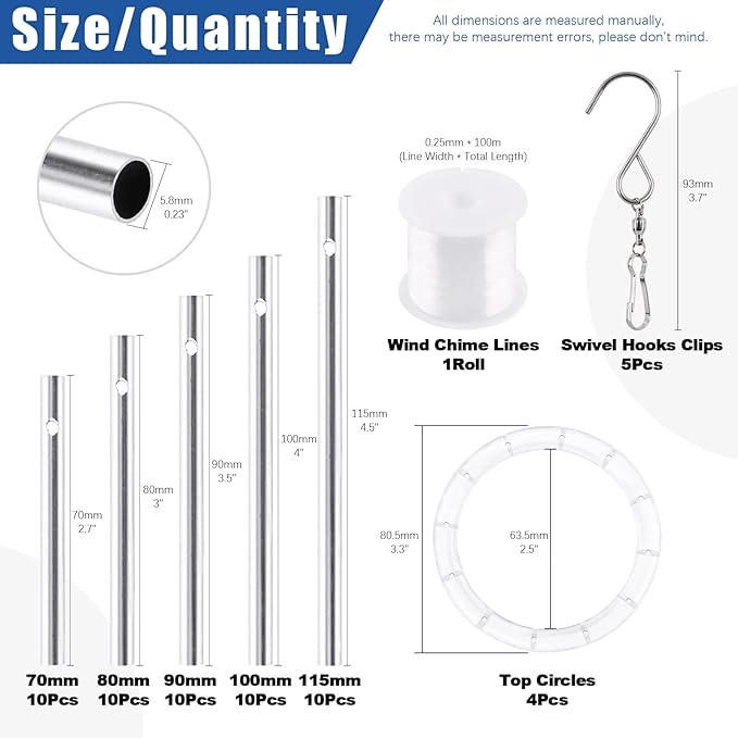 Glarks 60-Pcs Wind Chime Making Kit with Aluminium Tubes, Swivel Hooks, 100m Wire & Circular Frames – DIY Wind Chime Craft Set for Home & Garden Décor Secondary image