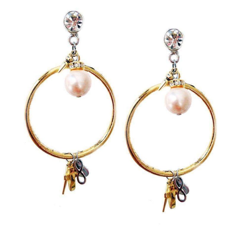 Gold dangle and drop earrings with light rose pearls, rhinestones, brass and charms. Hoop earrings, Boho chic earrings, Boho chic jewelry - Earrings - British D'sire