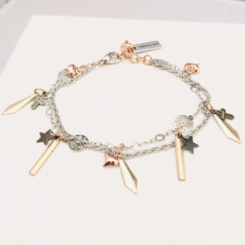 Gold Spikes Bracelet with Black Star, Bronze Crosses and Rose Gold Heart Charms. - bracelet - British D'sire