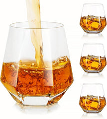 Hanobe Diamond Whiskey Glasses Whisky Glass Unique Geometric Tilted Wine Tumblers Set of 4 Crystal Old Fashioned Rock Lowball Glass for Cocktail Scotch Cognac Drinking Glassware Cups 10oz Clear - British D'sire