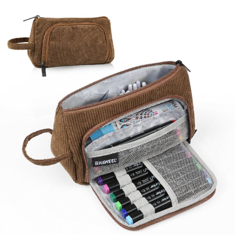 HAWEEL Corduroy Triangular Pen Case Makeup Pouch Travel Cosmetic Organizer Bag (Yellowish-brown) - Cosmetic Organizer Bag - British D'sire
