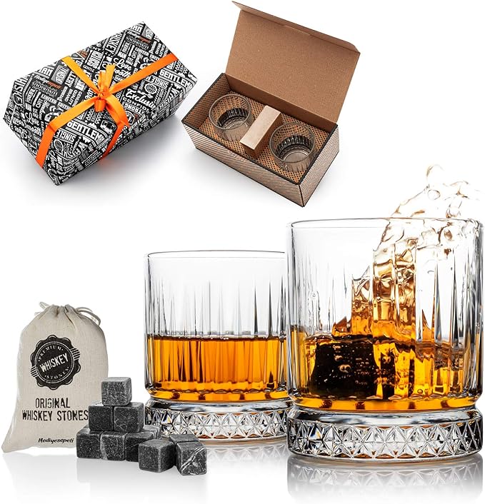Hediyesepeti Whiskey Stones and Glass Gift Set with 12pcs Chilling Rocks – Premium Quality 2 Whisky Glasses and Marble Stones Gift Wrap – Ideal for Men and Women - British D'sire