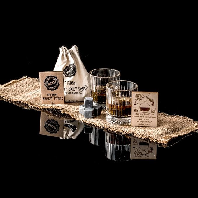 Hediyesepeti Whiskey Stones and Glass Gift Set with 12pcs Chilling Rocks – Premium Quality 2 Whisky Glasses and Marble Stones Gift Wrap – Ideal for Men and Women - British D'sire